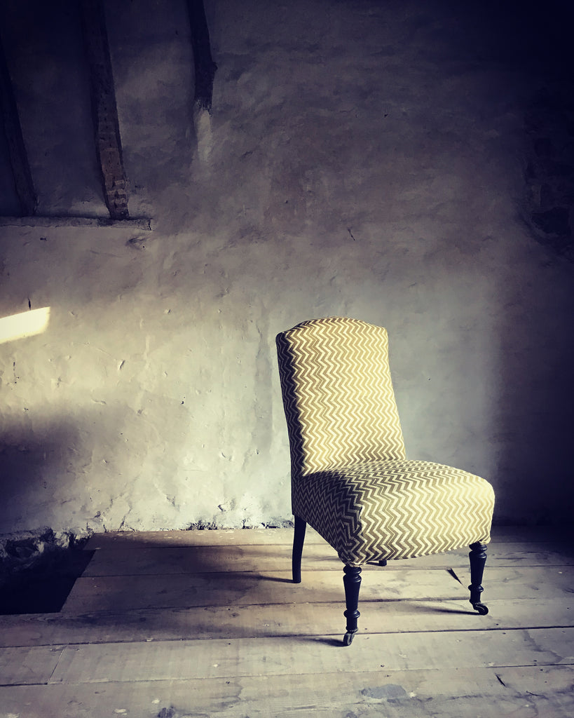 Napoleon III slipper chair in 'Lyme Bay' hand-printed linen –  bonfieldblockprinters