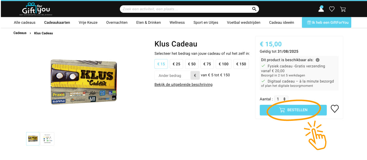 Screenshot van de productpagina van Klus Cadeau bij GiftForYou. De 'Bestellen' knop is gehighlight.