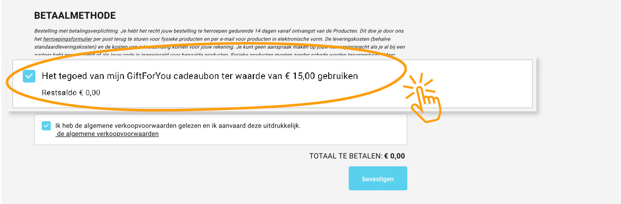 Screenshot uit het bestelproces bij GiftForYou. De optie om het tegoed van je GiftForYou cadeaubon te gebruiken voor de betaling is aangevinkt.