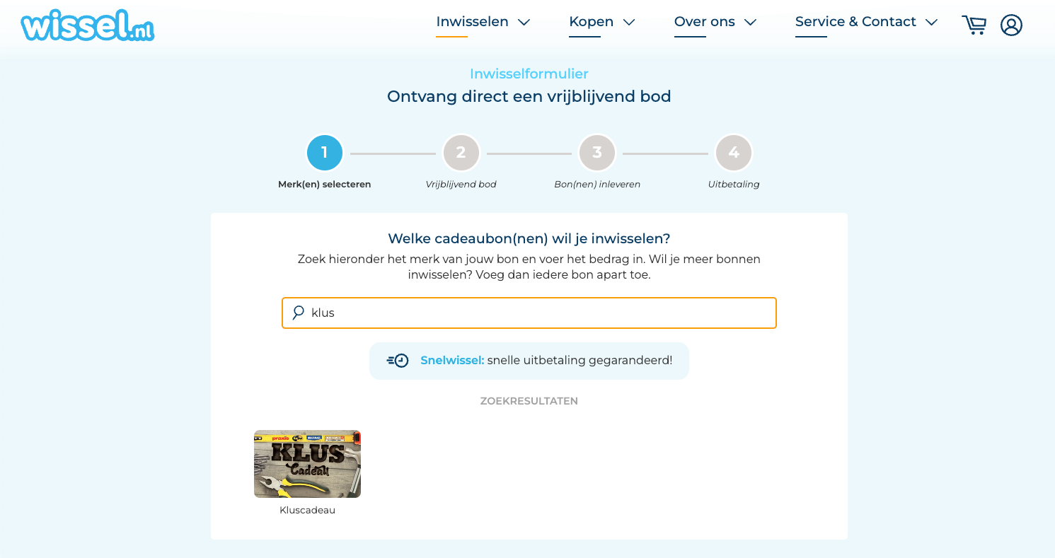 Screenshot van het inwisselformulier bij Wissel.nl. Bij de keuze van het merk is Klus Cadeau geselecteerd.