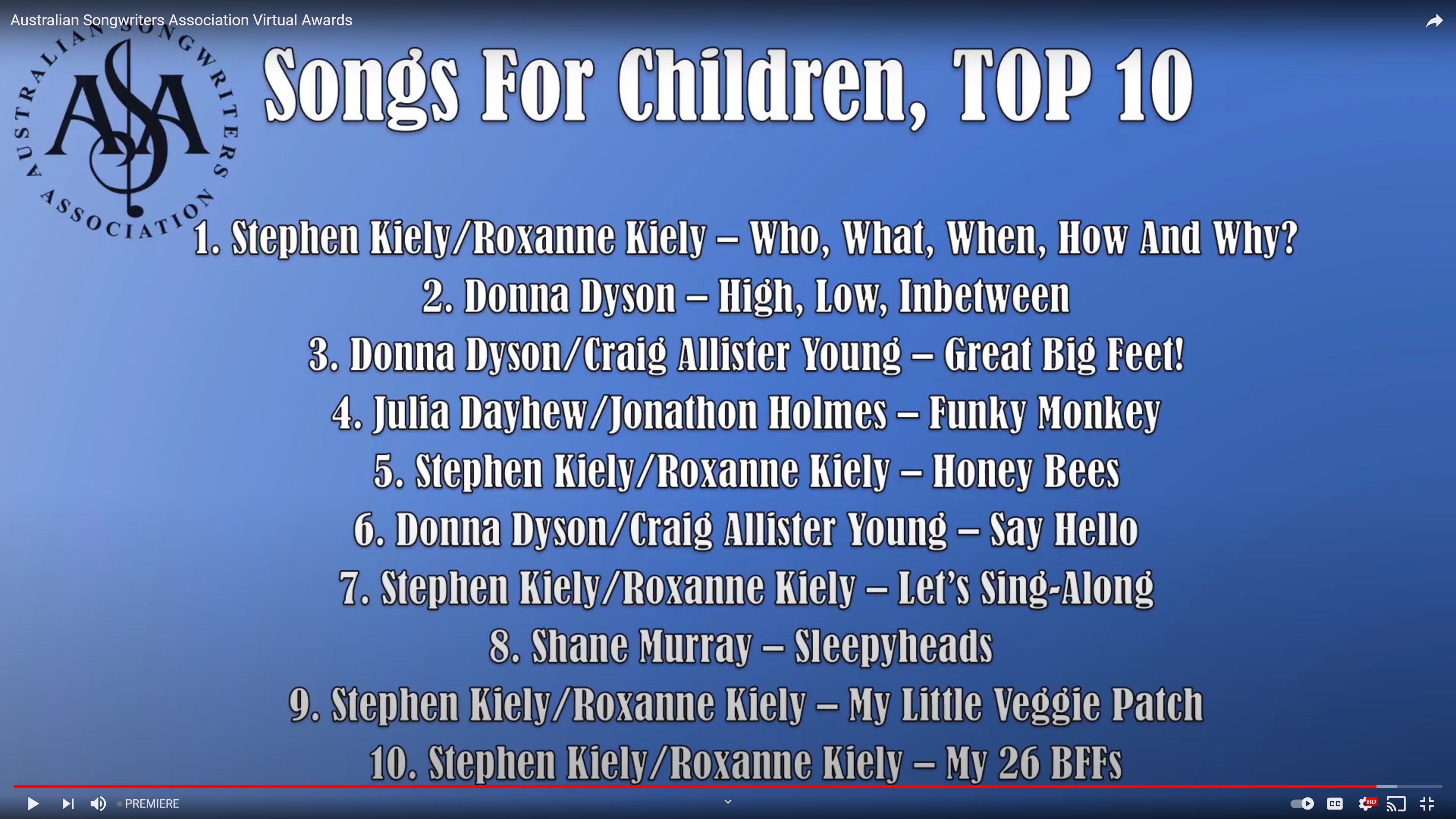 Australian Songwriters Association 2020 Song Comp Children's category Top Ten songs