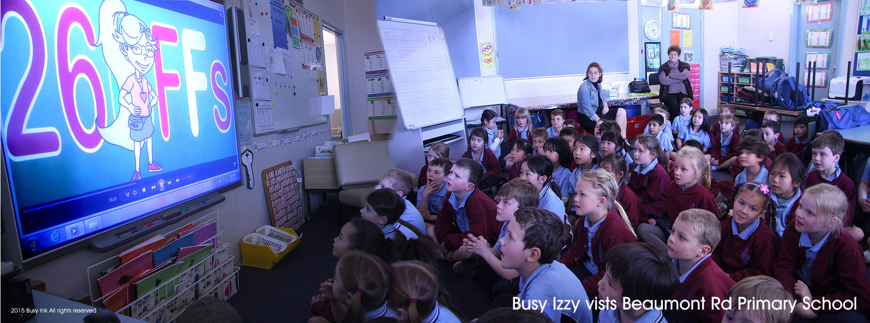 Busy Izzy, Roxanne Kiely and Stephen Kiely visit Beaumont Rd. Primary School