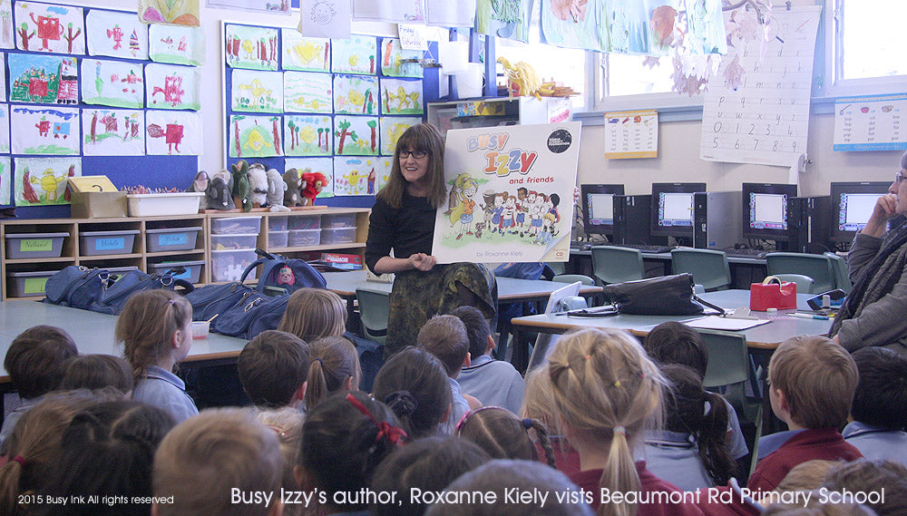 Roxanne Kiely talking to students at Beaumont Rd Primary School about Busy Izzy.