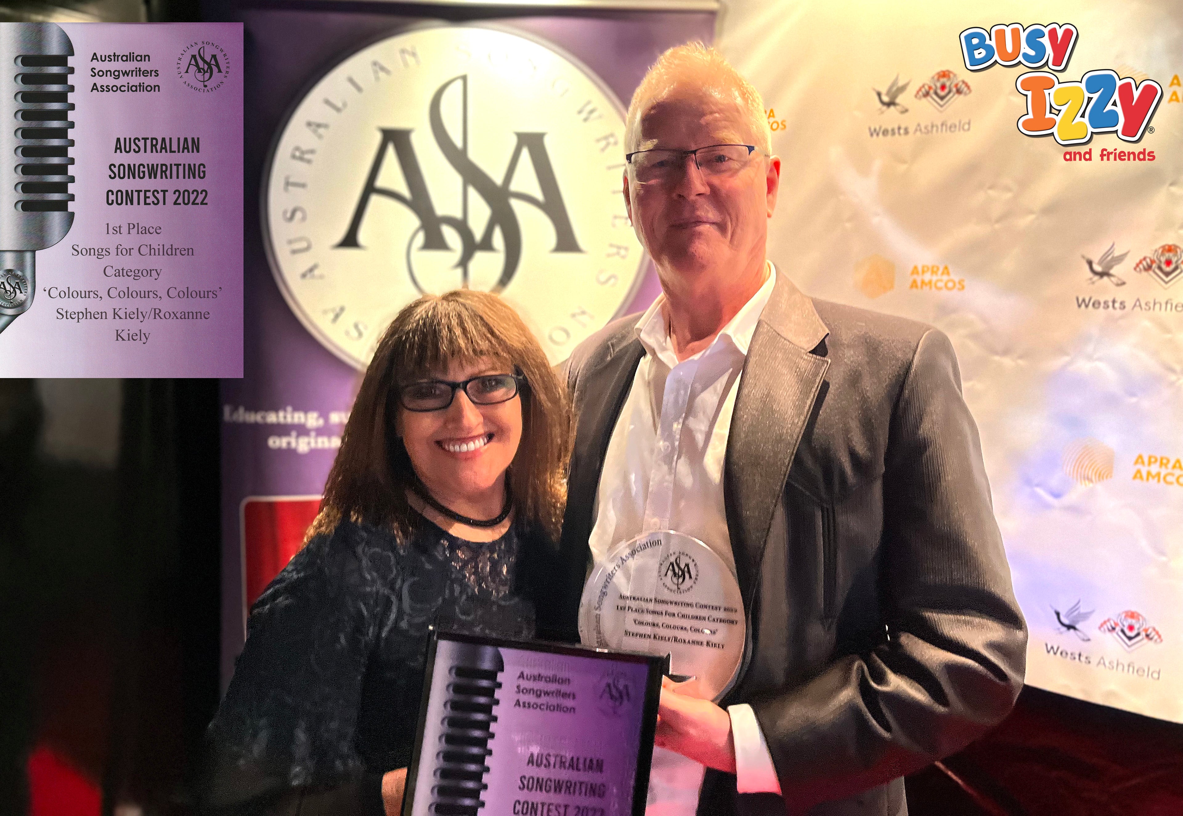 Australian Songwriters Association 2022 Children's category winners Stephen Kiely and Roxanne Kiely with their song Colours, Colours, Colours