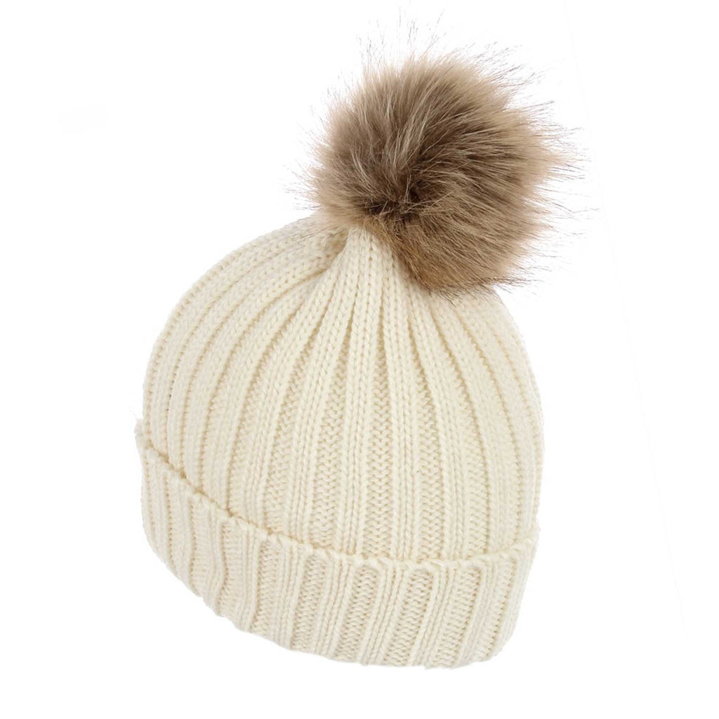 Faux Fur Plain Pom Pom Knitted Beanie Hat Cream – SueHoo