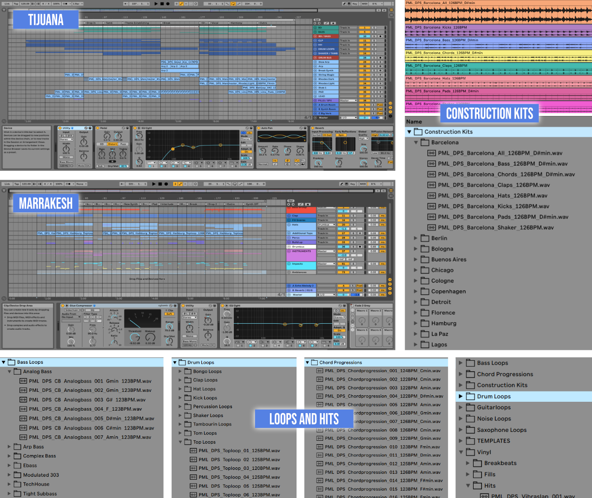 Screen shots of ableton project files, loops, samples