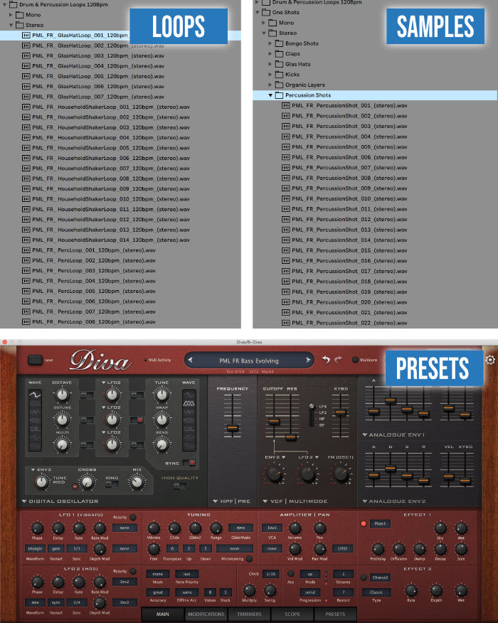 Screen shots of ableton project files, loops, samples