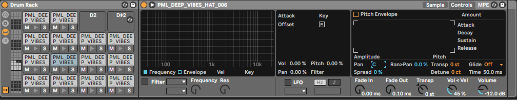 Find the panning slider for your drum sound