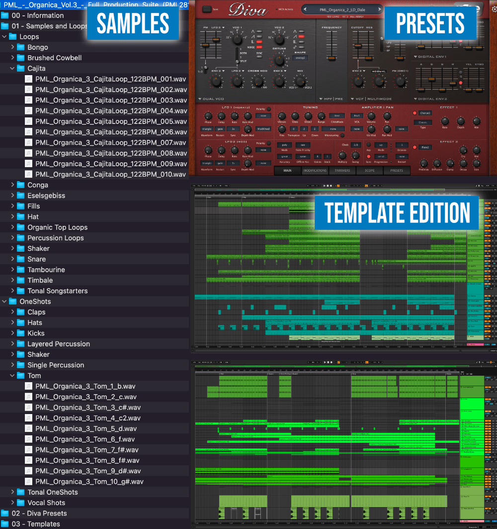 Screen shots of ableton project files, loops, samples