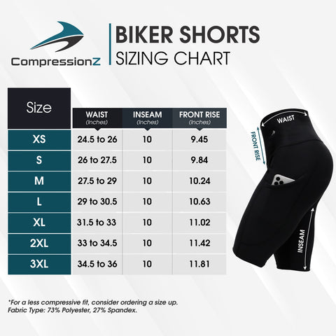 Size chart for women's 10" biker shorts