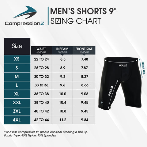 Size chart for men's 9" shorts