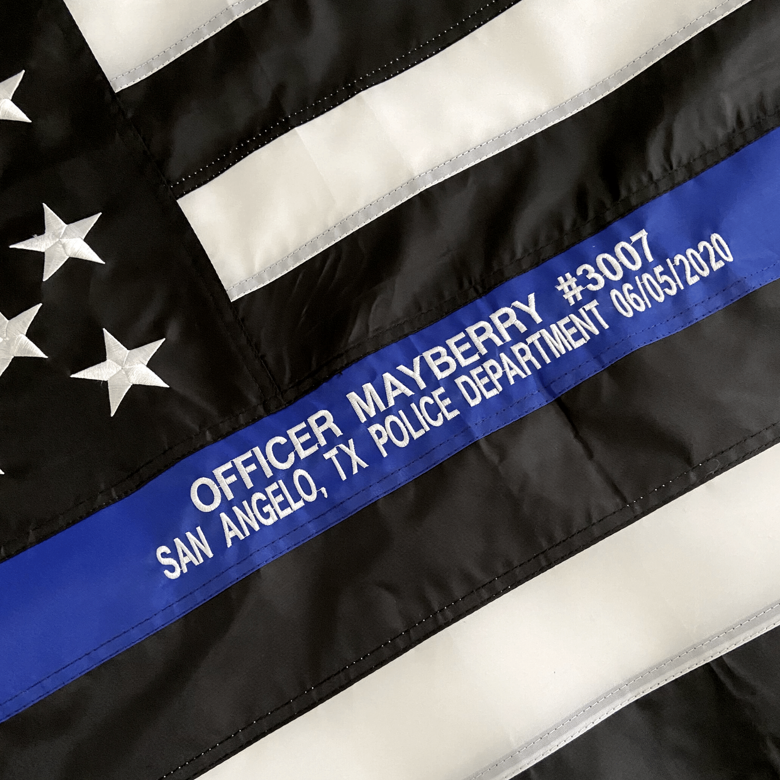 Thin Blue Line Flag with custom embroidered officer name