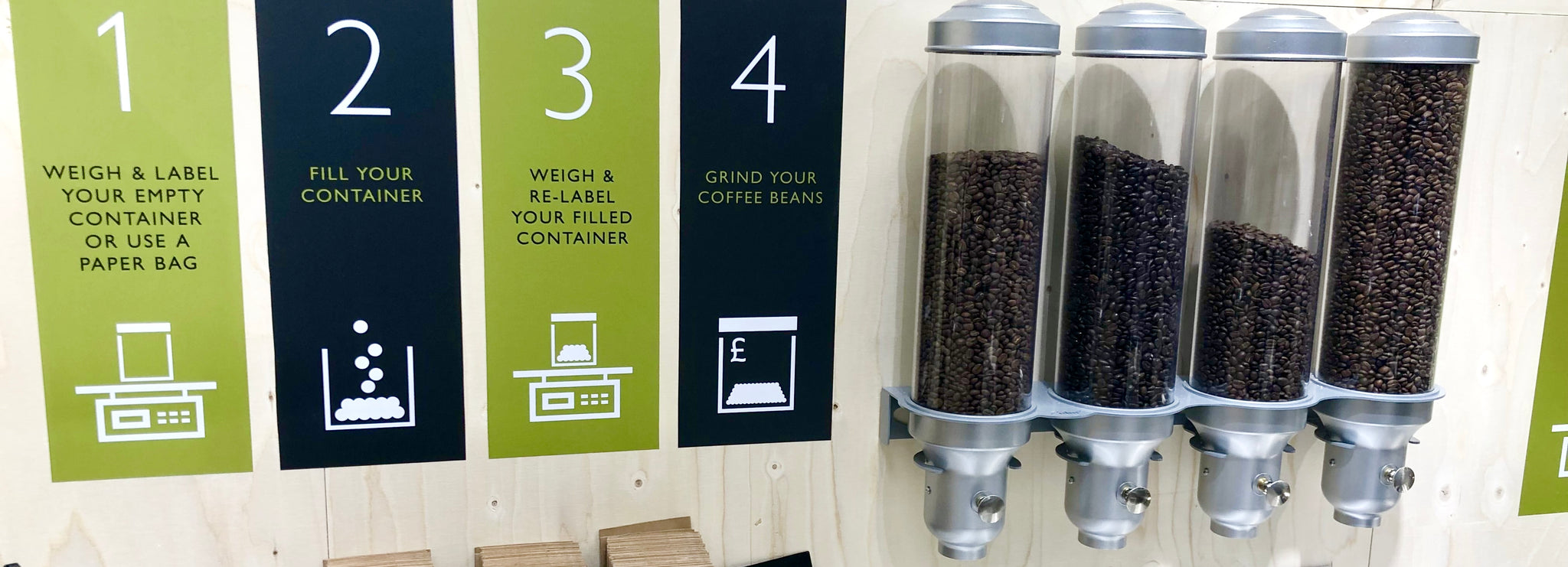 Unpacked coffee display at Waitrose featuring Raw Bean Coffees