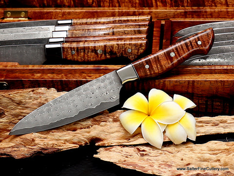 "Charybdis" top-of-the-line whirlpool pattern: 130mm Cattleman's style blade shape with full-tang western style handles featured in this 12-piece steak knife set by Salter Fine Cutlery of Hawaii