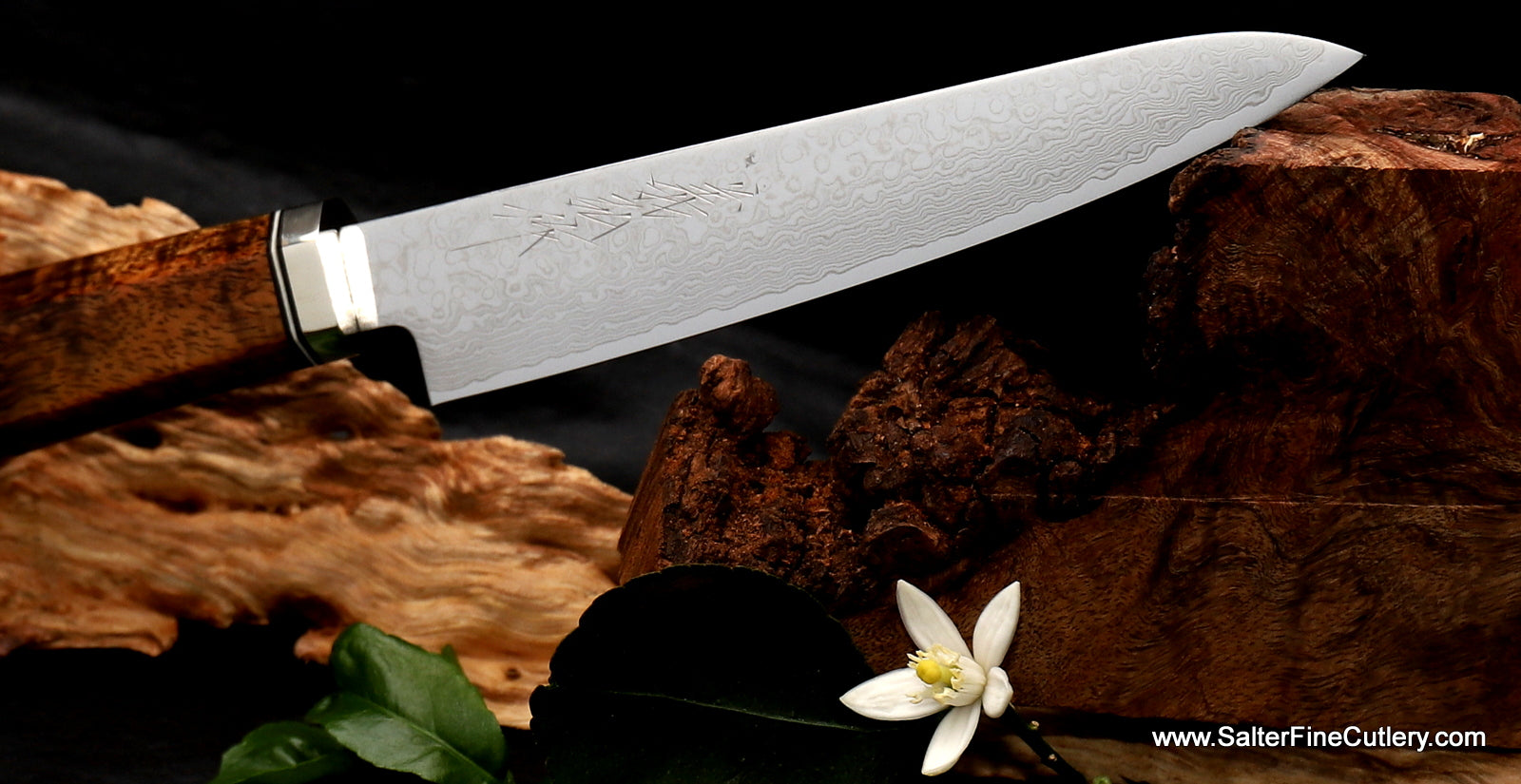 Japanese chef knives with mirror damascus finish from Salter Fine Cutlery