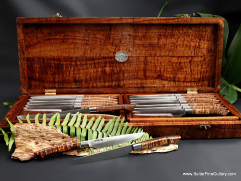 16-pc steak knife set with clad polish blades and bladesmith hamon line in presentation box by Salter Fine Cutlery koa luxury knives from Hawaii