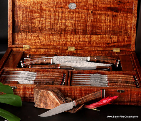 Beautiful Custom Consignment Steak and Carving knife set in rare Hawaiian koa wood presentation box handcrafted by Salter Fine Cutlery