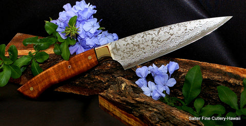 160mm small chef knife with brass bolster and koa wood handle by Salter Fine Cutlery