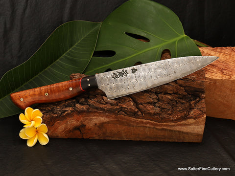 170mm small chef knife with curly koa wood and Mozambique ebony handle handmade luxury cutlery by Salter Fine Cutlery of Hawaii