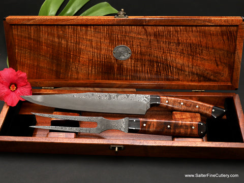 2-piece luxury hand-forged carving set with 270mm clip-point blade and matching fork Charybdis exclusive design series in beautiful exotic matching curly koa wood box from Salter Fine Cutlery