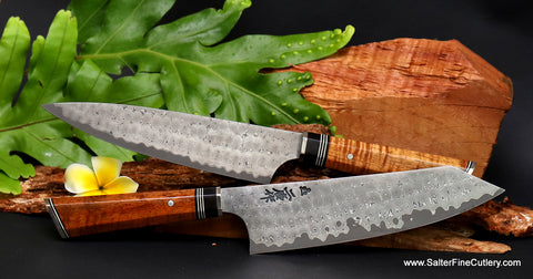 2-piece chef knife set including a handcrafted curly koa wood keepsake box from Salter Fine Cutlery of Hawaii