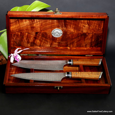 2-piece luxury chef knife set in handcrafted curly Hawaiian koa wood keepsake box by Salter Fine Cutlery