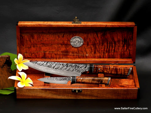 2 piece custom luxury chef knife set Raptor-series with keepsake box handcrafted by Salter Fine Cutlery