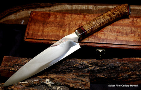 Custom handmade chef knife with extra decorative handle and custom keepsake storage box by Salter Fine Cutlery of Hawaii