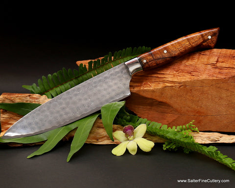 Charybdis whirlpool damascus chef knife with stainless steel contoured bolster and curly koa wood handle by Salter Fine Cutlery