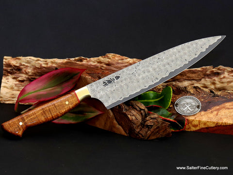 210mm 'Charybdis' whirlpool damascus collection chef knife with contoured brass bolster and bold red accents luxury kitchenware from Salter Fine Cutlery of Hawaii