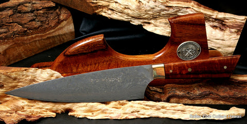 210mm hand-forged chef knife with decorative koa wood handle and custom stand by Salter Fine Cutlery of Hawaii