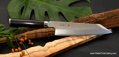 210mm custom stainless steel single bevel chef knife with tanto tip and ebony handle for professional use by Salter Fine Cutlery of Hawaii