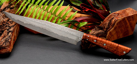 Charybdis collection luxury carving knife with solid curly Hawaiian koa wood handle from Salter Fine Cutlery 