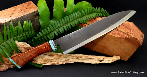 240mm chef knife for professional chefs with shirogami carbon steel cutting edge and beautiful decorative hardworking handle from Salter Fine Cutlery