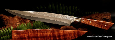 Custom luxury dining with handmade stainless damascus steel long carving knife from Salter Fine Cutlery