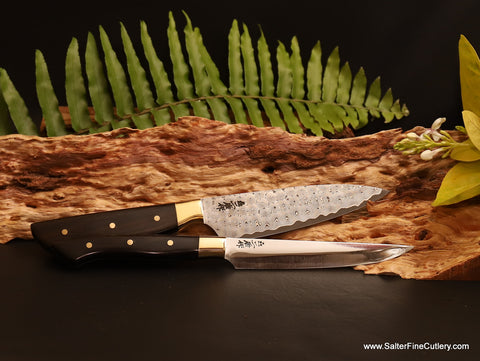 Unique pair of individual personal steak knives with ebony and brass handles from Salter Fine Cutlery