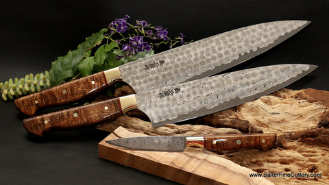 3-piece custom handmade luxury kitchen knife set Charybdis design collectible chef knife handmade from Salter Fine Cutlery of Hawaii