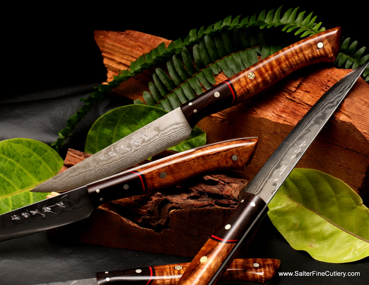 Steak Knives Set of 4, Japanese Damascus Steel, EBONY WOOD HANDLES