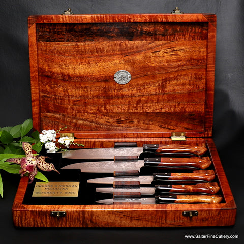 5-piece custom chef knife set in beautiful Hawaiian exotic wood presentation box luxury wedding heirloom gift by Salter Fine Cutlery