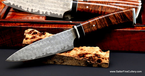 130mm Cattlemens-style whirlpool damascus steak knife from our Charybdis design series by Salter Fine Cutlery