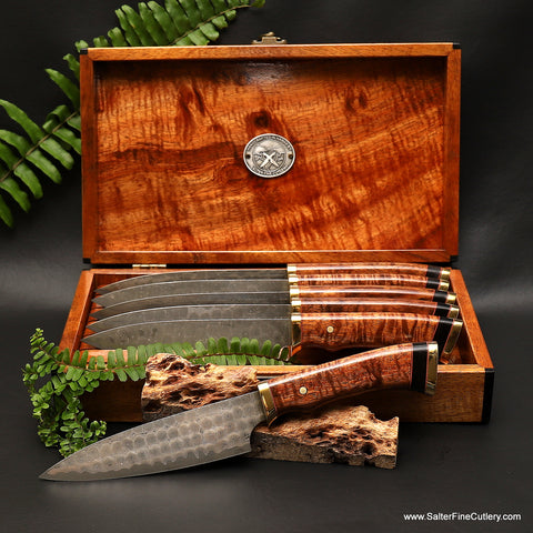 6-piece Cattleman's style steak knife set featuring our 'Charybdis' exclusive whirlpool design finish in a keepsake box by Salter Fine Cutlery