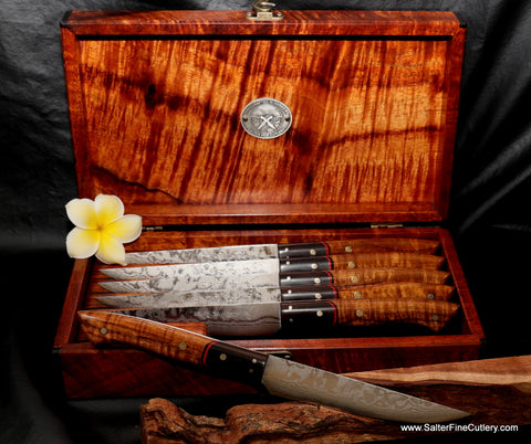 Custom handmade steak sets with exotic Hawaiian koa wood handles and box