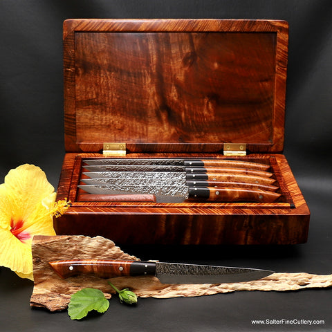 6-piece custom luxury handmade steak knife set in matching curly Hawaiian koa wood presentation box by Salter Fine Cutlery