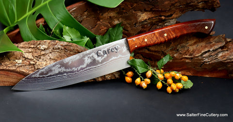 Engraved custom hand-forged chef knife for professional chef from SalterFineCutlery 