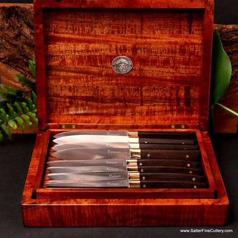 8-piece custom his/hers steak knife set in presentation box handcrafted luxury tableware Salter Fine Cutlery Hawaii