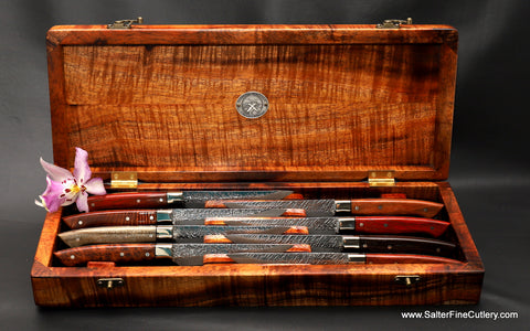 Custom handmade luxury steak knife set in presentation box by Salter Fine Cutlery of Hawaii