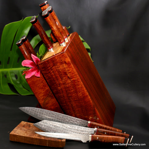 Luxury one-of-a-kind handmade chef knife set in block stand by Salter Fine Cutlery of Hawaii
