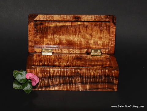 Beautiful curly koa box for collectors of beautiful woods or use as a nightly valet or jewelry box or to house your favorite coin or pocket knife collection handmade by Salter Fine Cutlery of Hawaii