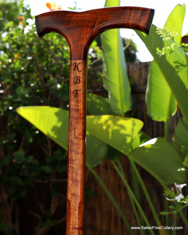 Custom Ladies handcrafted curly koa wood cane with personalized initials by Salter Fine Cutlery Hawaii