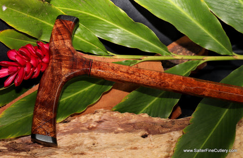 Cane handmade curly Hawaiian koa wood with red and black decorative accents by Salter Fine Cutlery and woodworking